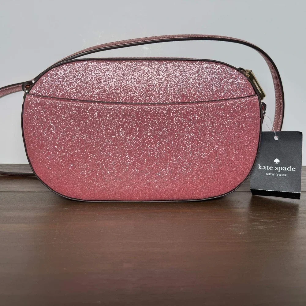 Kate Spade Crossbody Bag Glimmer Pink Glitter Oval Camera Bag Small NWT